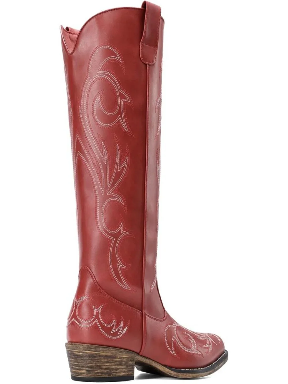 Women's Red Rubber Cowgirl Knee High Pointed Toe Block Heel Embroiderd Boots